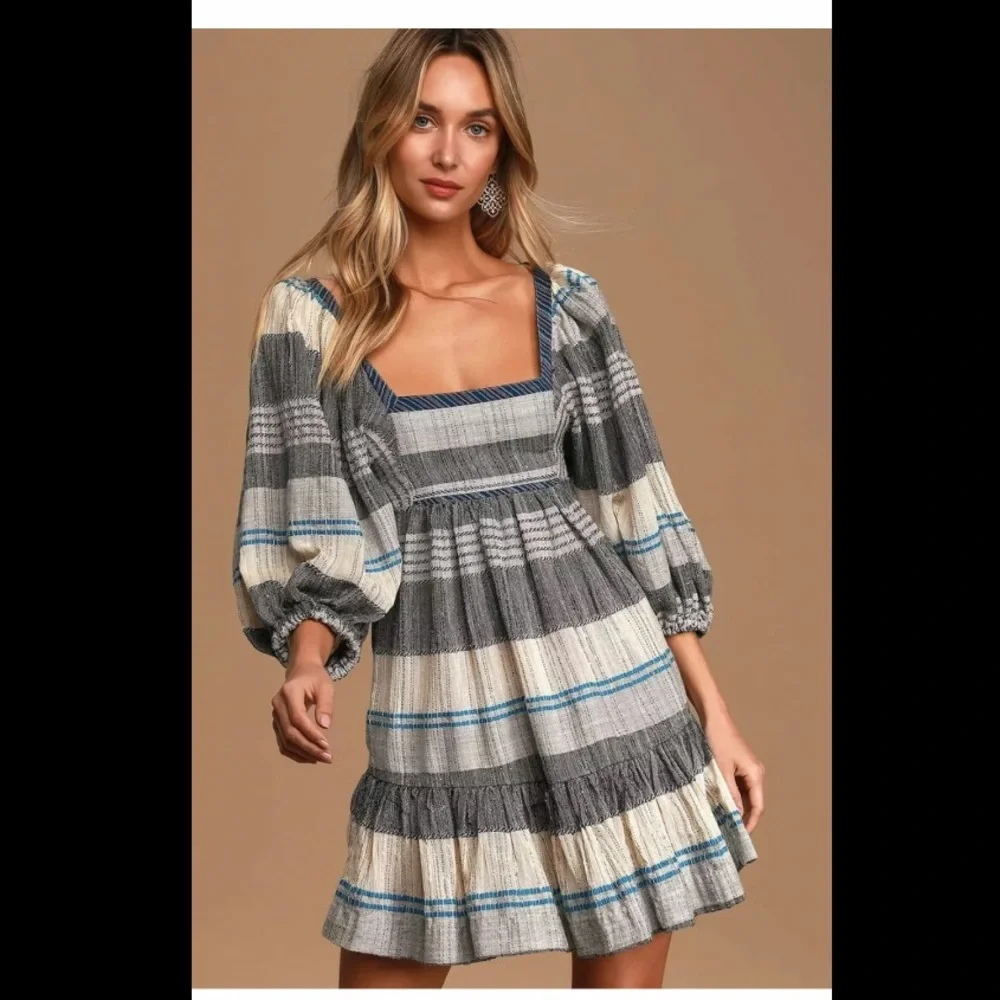 Free People All Lined Up Blue Multi Striped Puff Sleeve Mini Dress XS